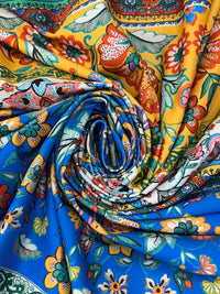 Vivid Blue/Sun Yellow/Multi Nylon/Lycra Horizontal Stylized Floral Print Swim/Activewear Knit - NY Designer - 61W