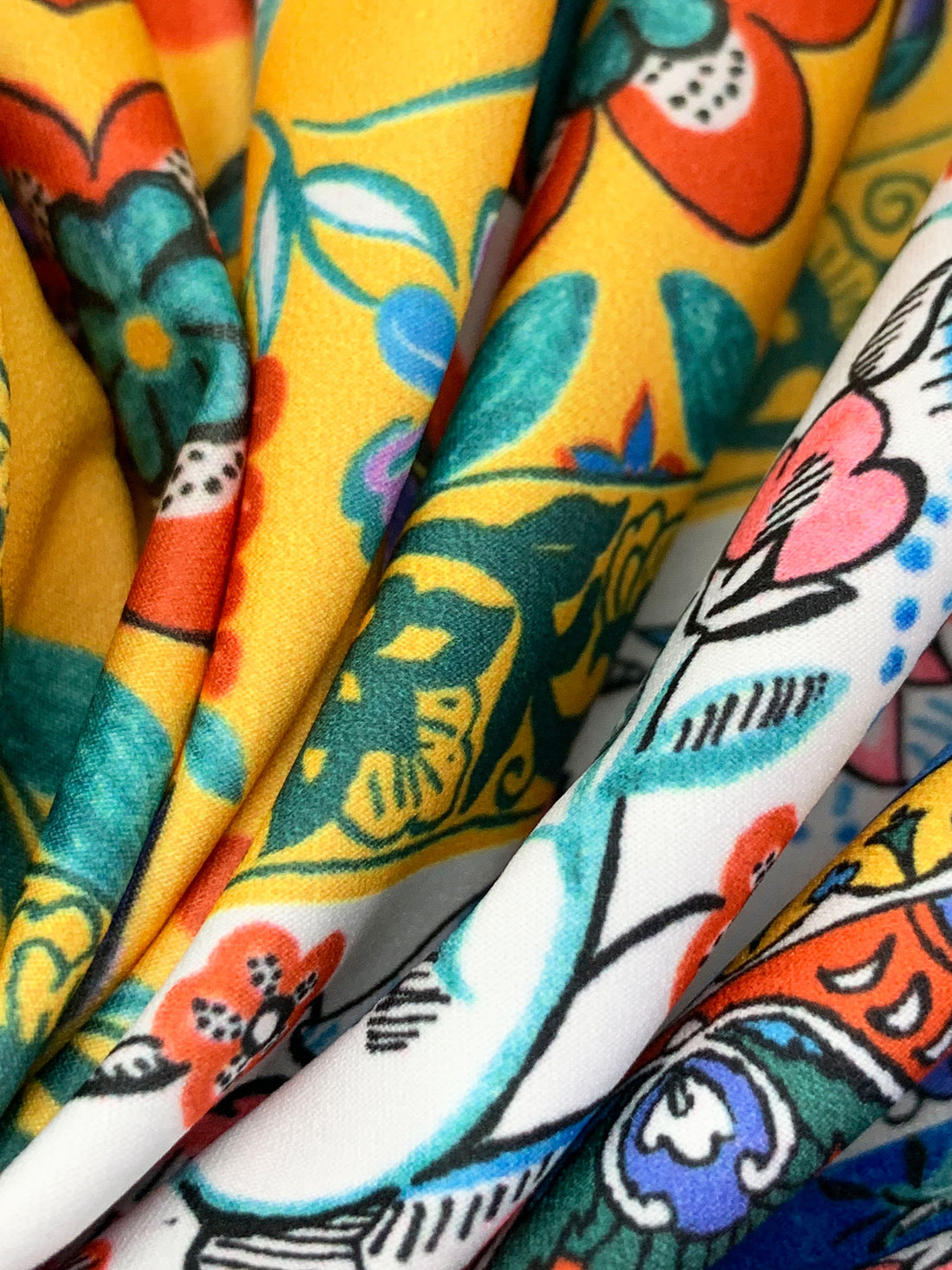 Vivid Blue/Sun Yellow/Multi Nylon/Lycra Horizontal Stylized Floral Print Swim/Activewear Knit - NY Designer - 61W