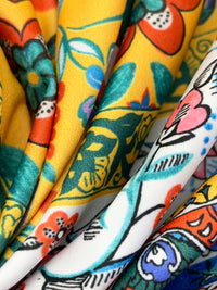 Vivid Blue/Sun Yellow/Multi Nylon/Lycra Horizontal Stylized Floral Print Swim/Activewear Knit - NY Designer - 61W