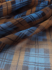 Azure Blue/Coffee Brown/Navy 100% Silk Plaid Print Chiffon 42W