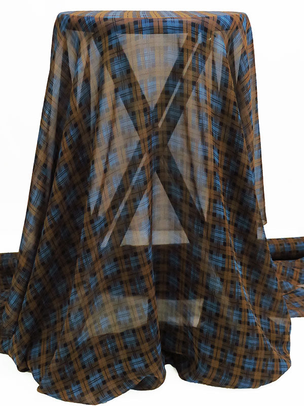 Azure Blue/Coffee Brown/Navy 100% Silk Plaid Print Chiffon 42W