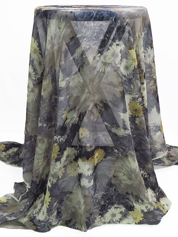 Slate Gray/Dried Sage Brown/Ghost White/Multi 100% Silk Marbled Floral Print Chiffon 44W