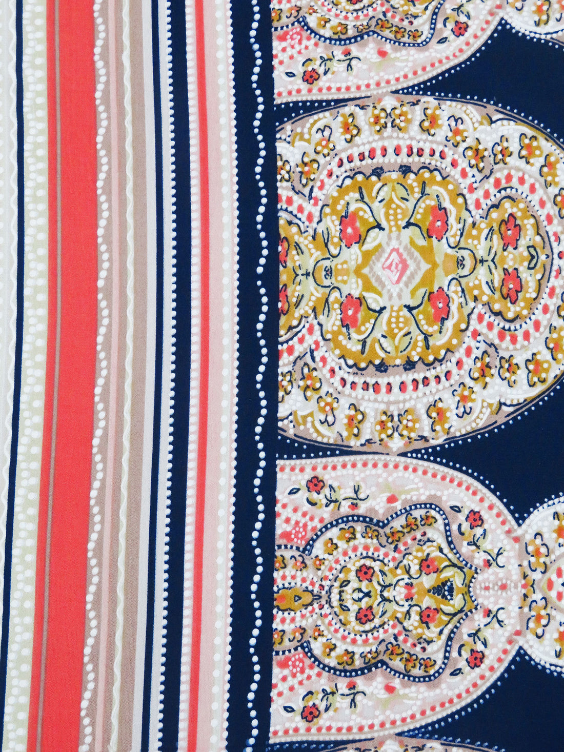 Midnight Navy/Pale Pink/Goldenrod/Multi Polyester/Lycra Double Border Ornate Puffed Print ITY Knit 57W