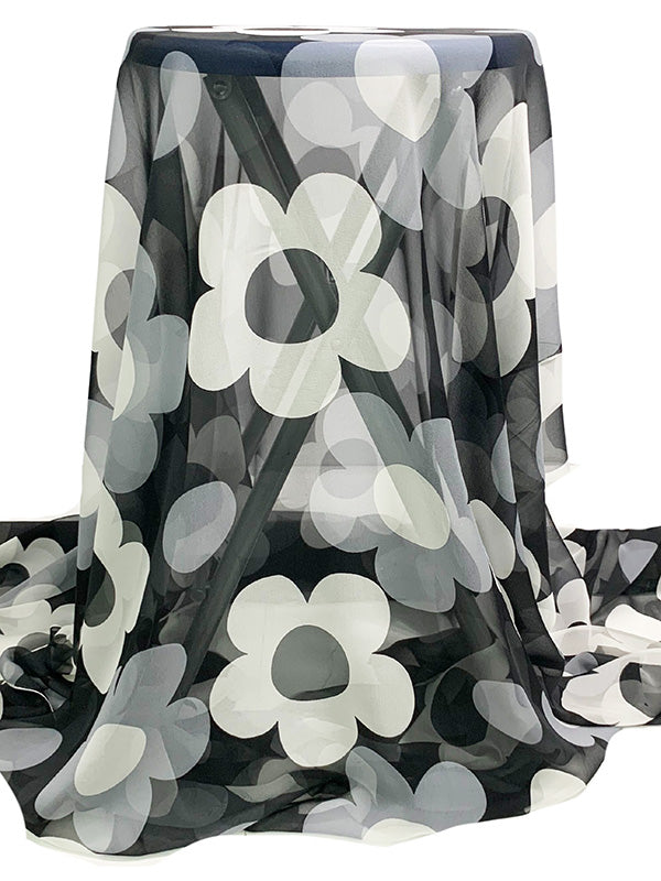 Black/Gray/White 100% Silk Floral Print Chiffon 51W