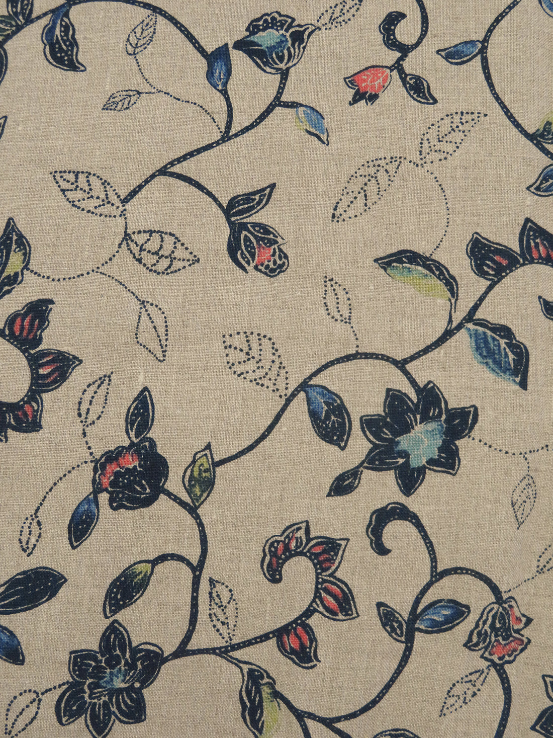 Grullo/Midnight Navy/Salmon/Multi 100% Linen Floral Vines Print Mid-Weight Woven - European Mill - 58W