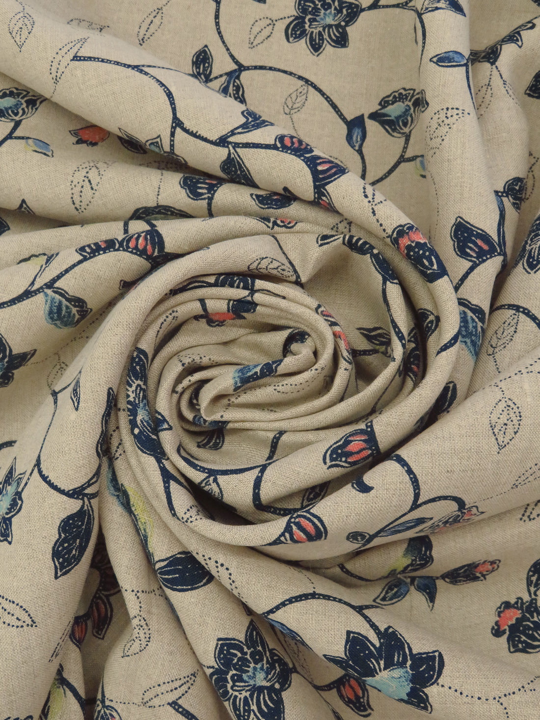 Grullo/Midnight Navy/Salmon/Multi 100% Linen Floral Vines Print Mid-Weight Woven - European Mill - 58W