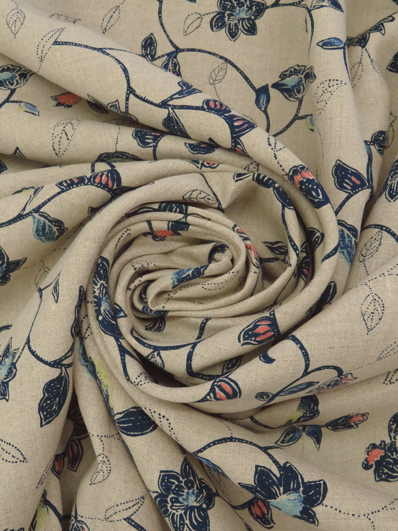 Grullo/Midnight Navy/Salmon/Multi 100% Linen Floral Vines Print Mid-Weight Woven - European Mill - 58W
