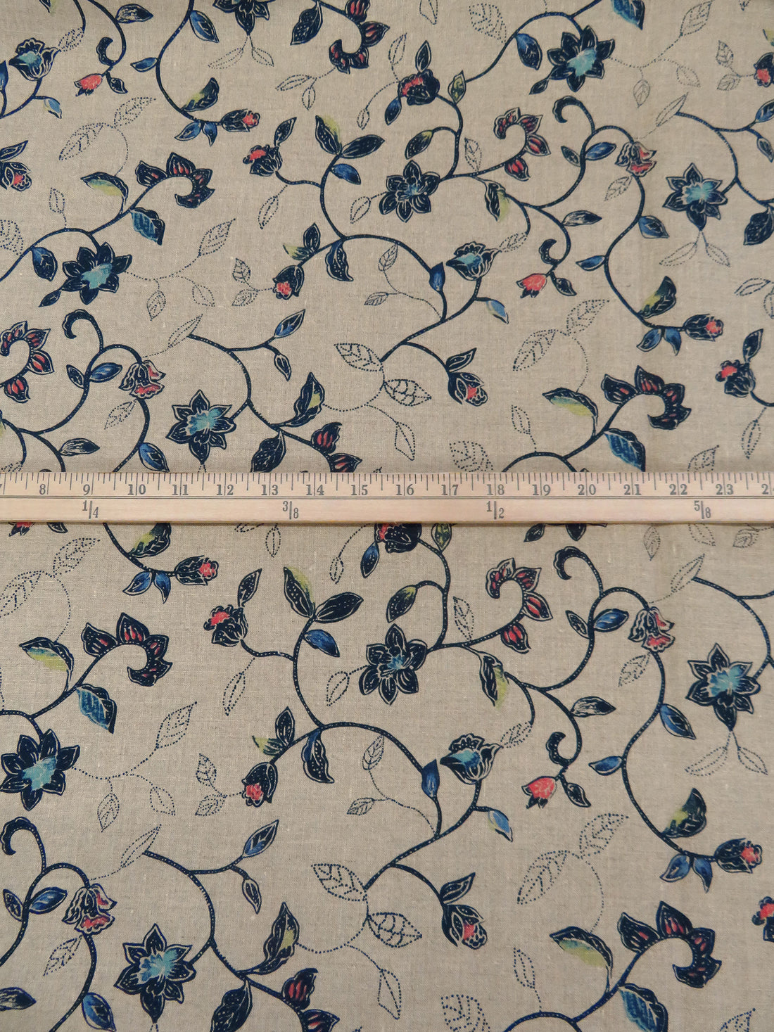 Grullo/Midnight Navy/Salmon/Multi 100% Linen Floral Vines Print Mid-Weight Woven - European Mill - 58W