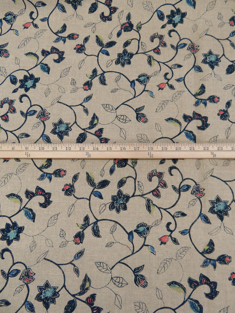 Grullo/Midnight Navy/Salmon/Multi 100% Linen Floral Vines Print Mid-Weight Woven - European Mill - 58W