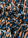 Black/Blue/Rouge Copper/White 100% Polyester Vertical Stripe Over Abstract Print Crepe Blouse Weight Woven 58W