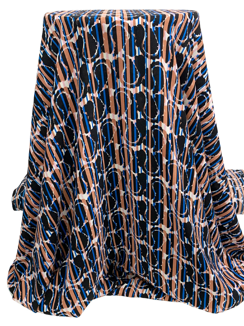 Black/Blue/Rouge Copper/White 100% Polyester Vertical Stripe Over Abstract Print Crepe Blouse Weight Woven 58W