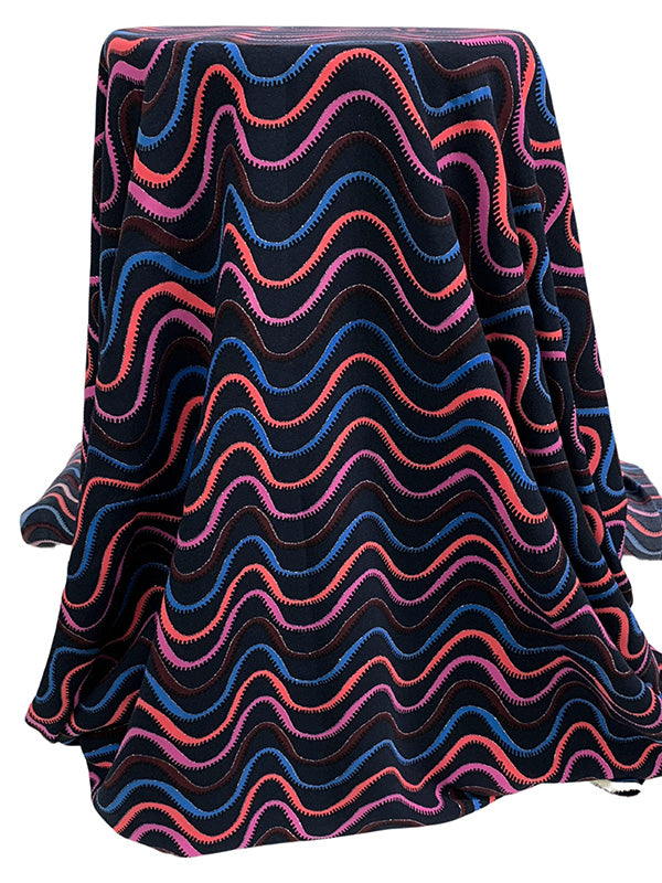 Dark Navy/Light Coral/Wild Mulberry 100% Polyester Horizontal Squiggly Sparkle Stripe Print Crepe Mid-Weight Woven 60W