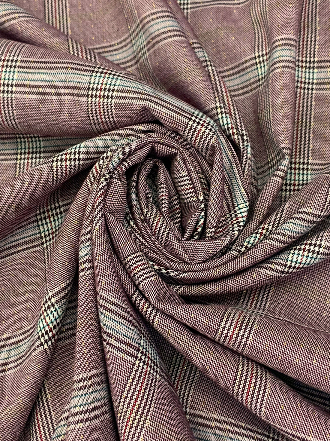 Dark Burgundy/White/Gold/Multi Polyester/Rayon/Lycra/Lurex Plaid Stretch Suiting 55W