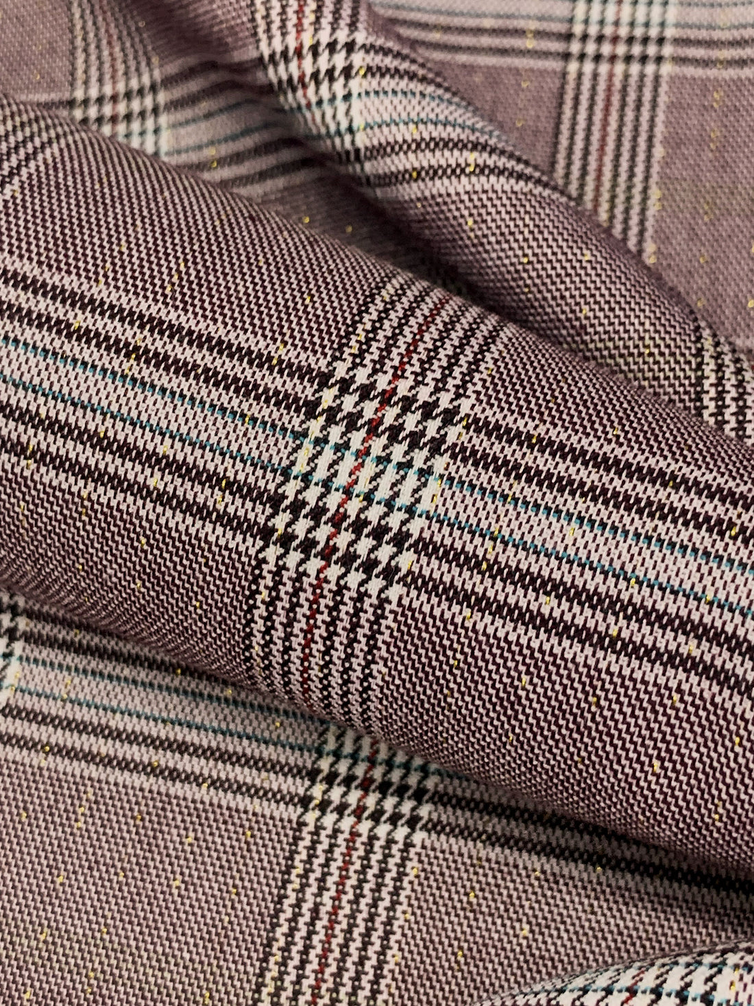 Dark Burgundy/White/Gold/Multi Polyester/Rayon/Lycra/Lurex Plaid Stretch Suiting 55W