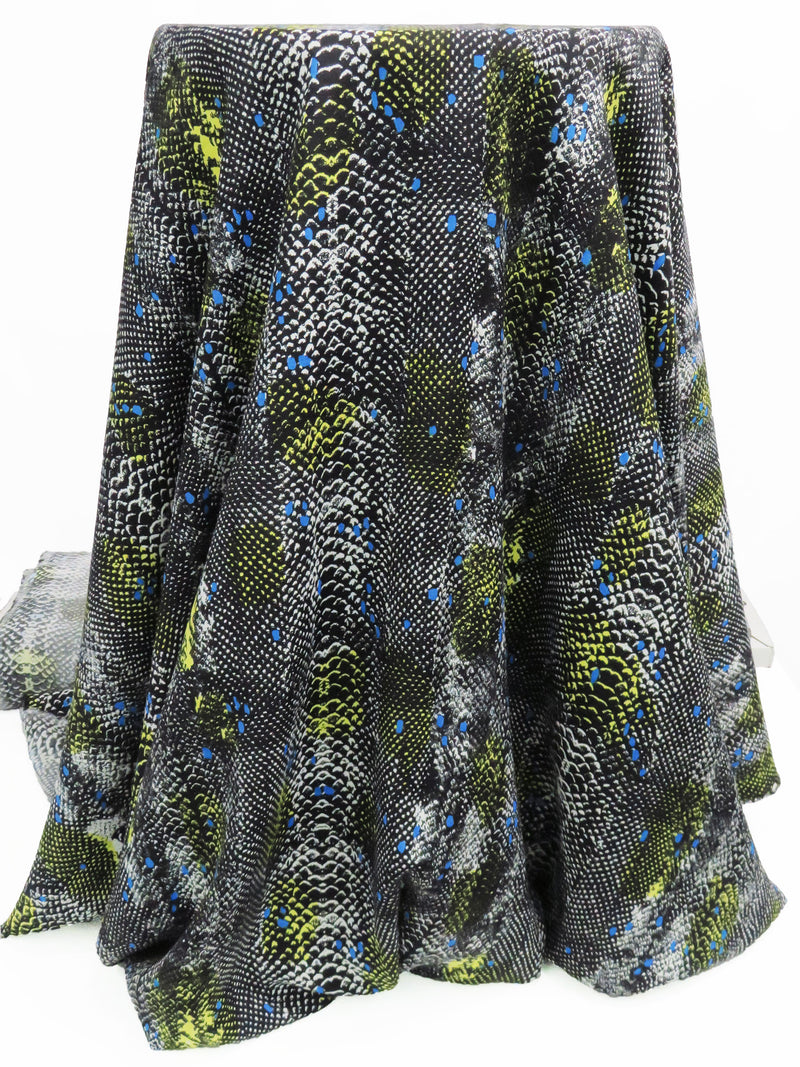 Black/Pale Gray/Citron Yellow/Lapis Cotton/Rayon Snakeskin Print Twill Shirting - NY Designer - 52W