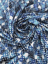 White/Sky Blue/Sapphire/Black Polyester/Lycra Abstract Lattice Print Stretch Twill Shirting - NY Designer - 52W