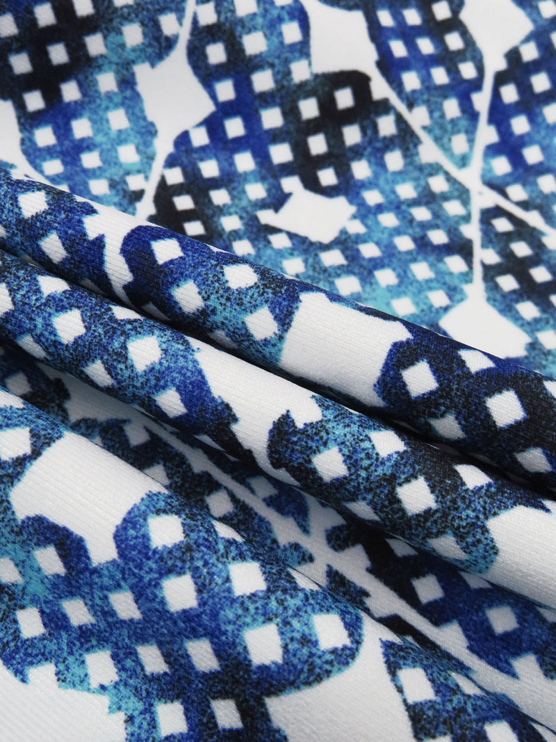 White/Sky Blue/Sapphire/Black Polyester/Lycra Abstract Lattice Print Stretch Twill Shirting - NY Designer - 52W