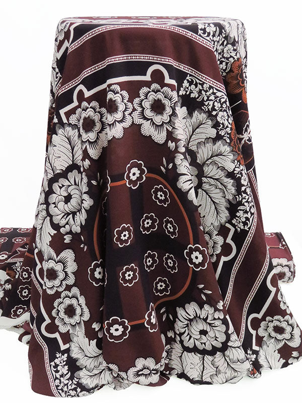 Dark Burgundy/White/Chocolate Brown/Black 100% Polyester Floral Framework Print Crepe Blouse Weight Woven 56W