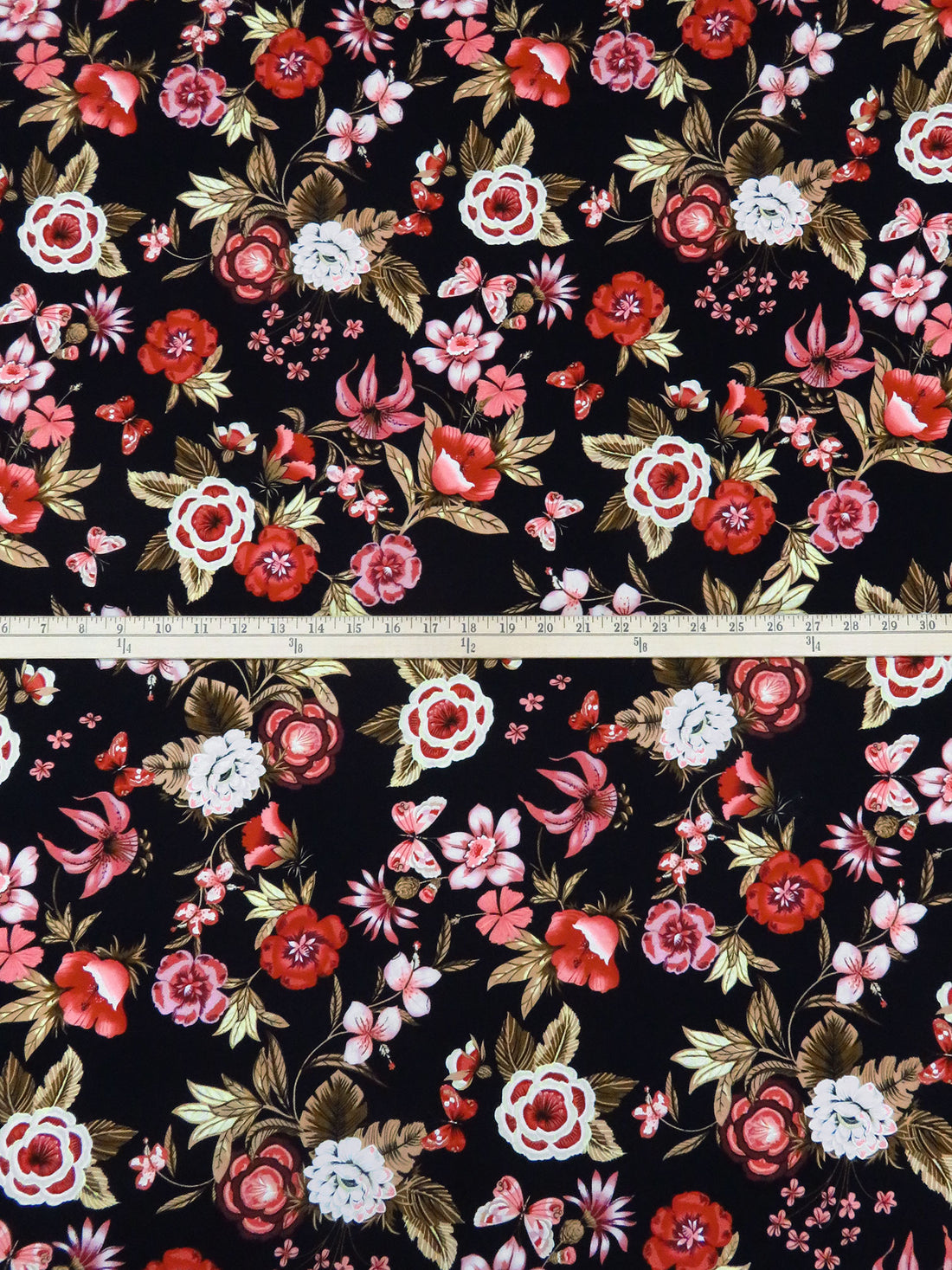 Black/Vermillion/Pale Brown/Multi Rayon/Lycra Moth & Floral Print Jersey Knit 60W