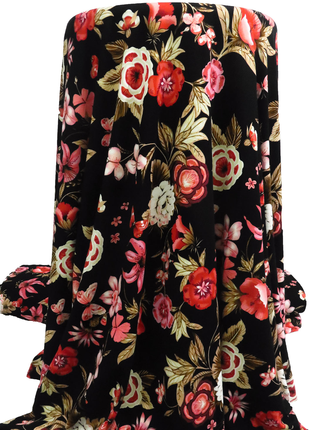 Black/Vermillion/Pale Brown/Multi Rayon/Lycra Moth & Floral Print Jersey Knit 60W