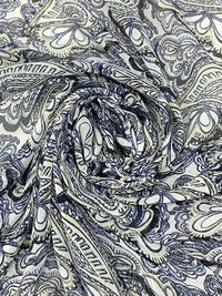 Light Steel Blue/Cream/White/Black 100% Polyester Paisley Print Crepe Chiffon 56W