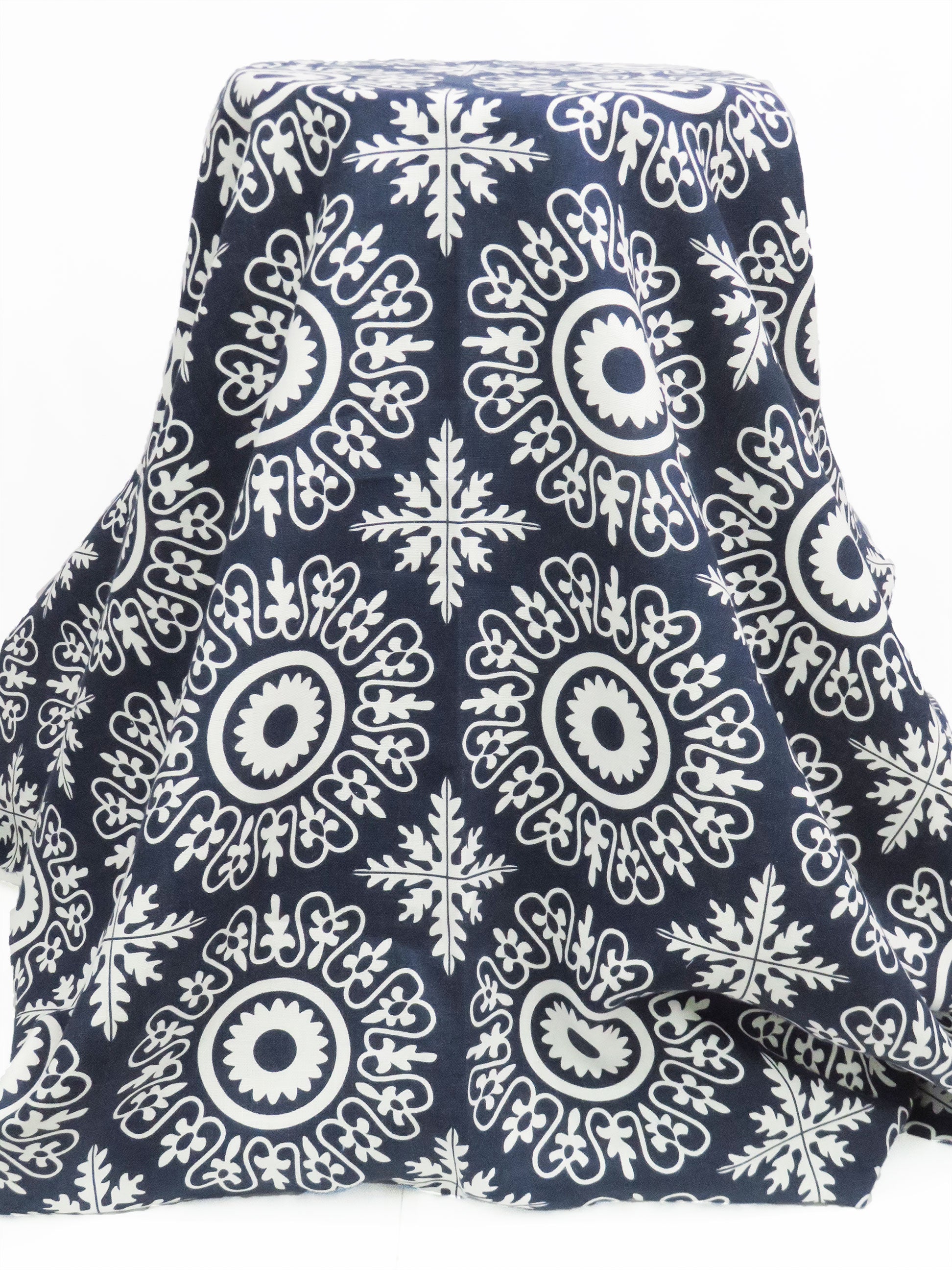 Navy Blue/White 100% Linen Large Ornate Tile Print Canvas