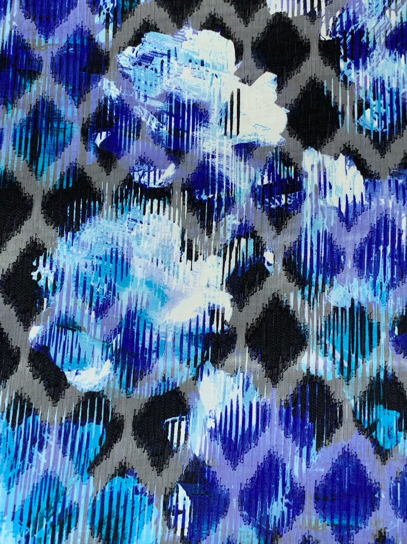 Deep Blue/Black/White 100% Polyester Burnout Diamond Lattice Textured Rugged Floral Print Chiffon - Famous Dress Designer
