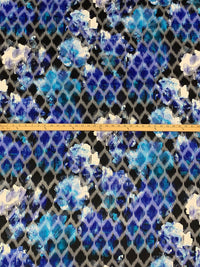 Deep Blue/Black/White 100% Polyester Burnout Diamond Lattice Textured Rugged Floral Print Chiffon - Famous Dress Designer - 53W