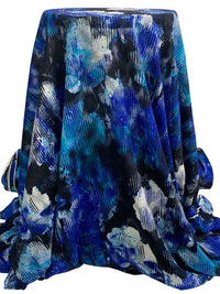 Deep Blue/Black/White 100% Polyester Burnout Diamond Lattice Textured Rugged Floral Print Chiffon - Famous Dress Designer - 53W