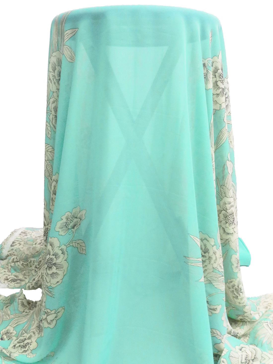 Turquoise/Cream/Charcoal 100% Polyester Double Border Floral Print Chiffon - Famous Dress Designer - 56W