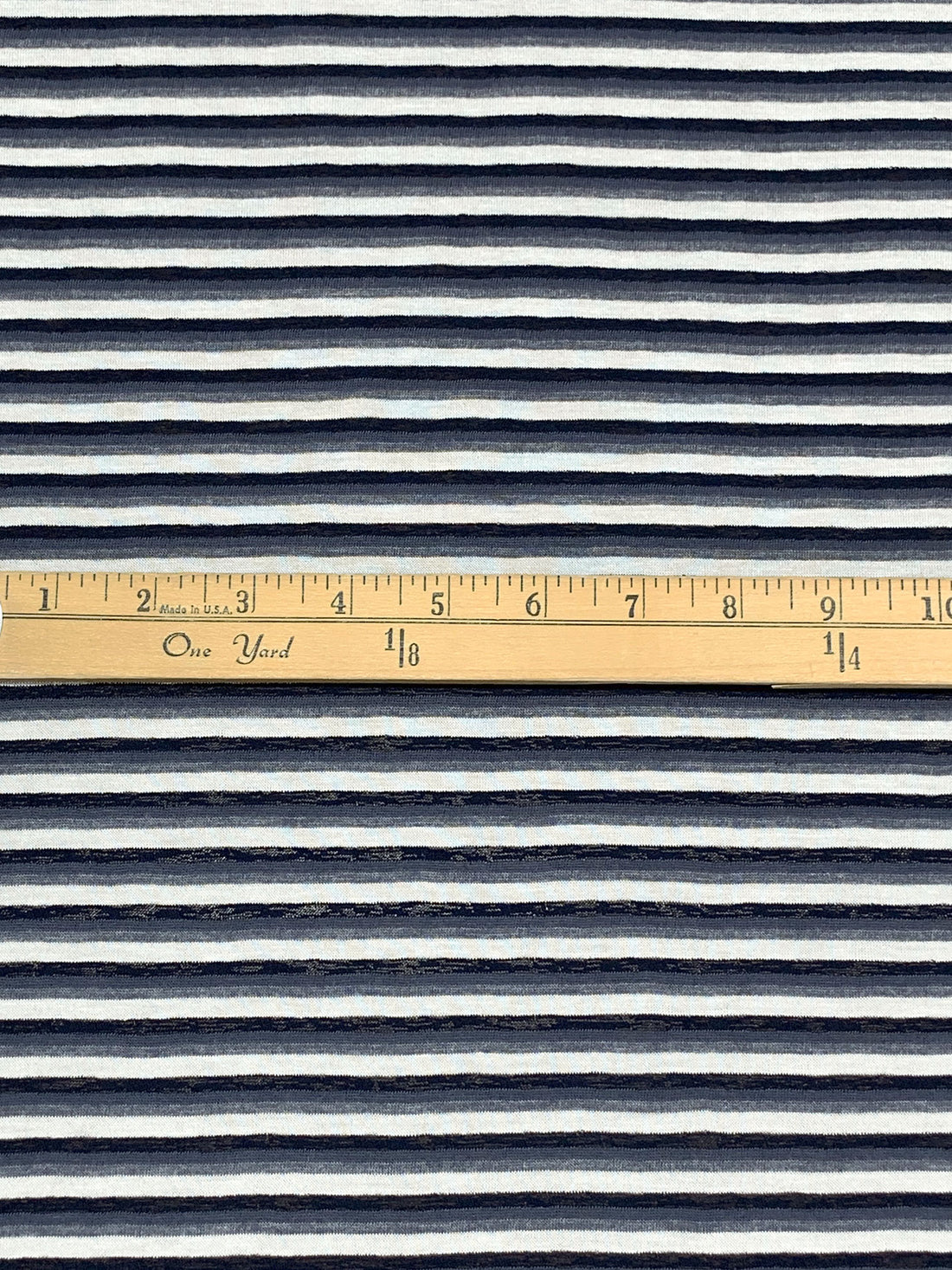 Independence Blue/Off-White/Dark Navy Polyester/Lycra Horizontal Yarn-Dyed Stripe Tissue Jersey Knit 65W