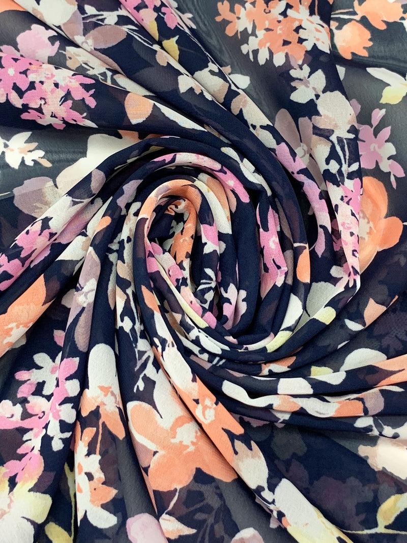 Navy/Light Salmon/Light Orchid 100% Polyester Floral Print Chiffon - F Fabric Mart Navy/Light Salmon/Light Orchid 100% Polyester Floral Print Chiffon - F Fabric Mart