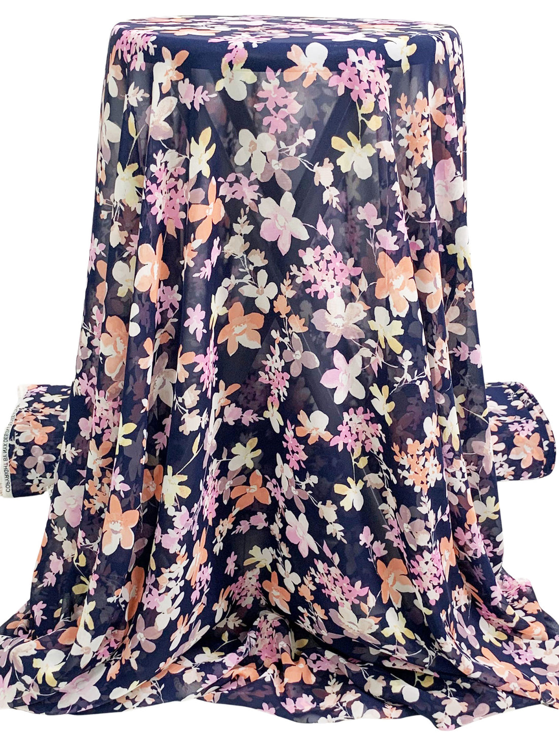 Navy/Light Salmon/Light Orchid 100% Polyester Floral Print Chiffon - Famous Dress Designer - 57W
