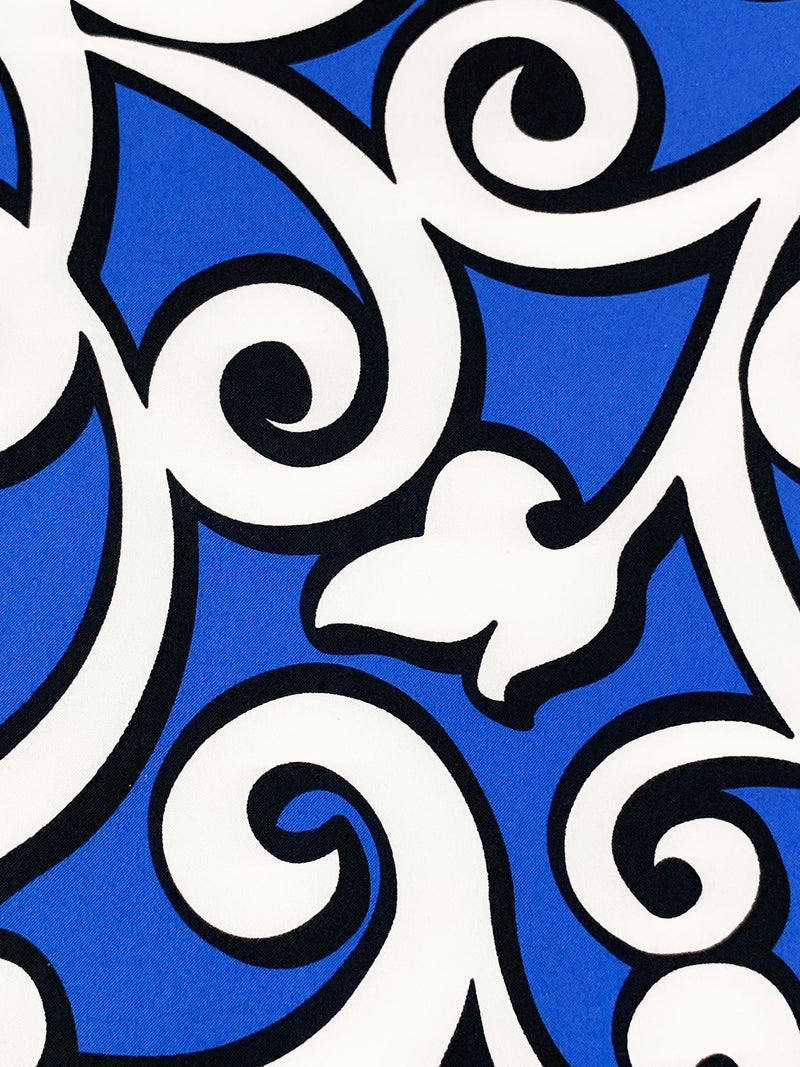 Blue/White/Black Polyester/Lycra Scrolls Print Stretch Twill - Famous Fabric Mart Blue/White/Black Polyester/Lycra Scrolls Print Stretch Twill - Famous Fabric Mart