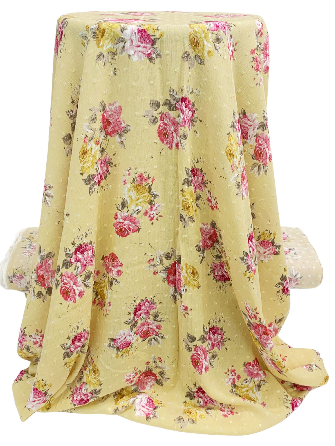 Muted Straw/Charm Pink/Deep Carmine/Multi 100% Rayon Floral Print Swiss Dot Crinkle Challis 54W