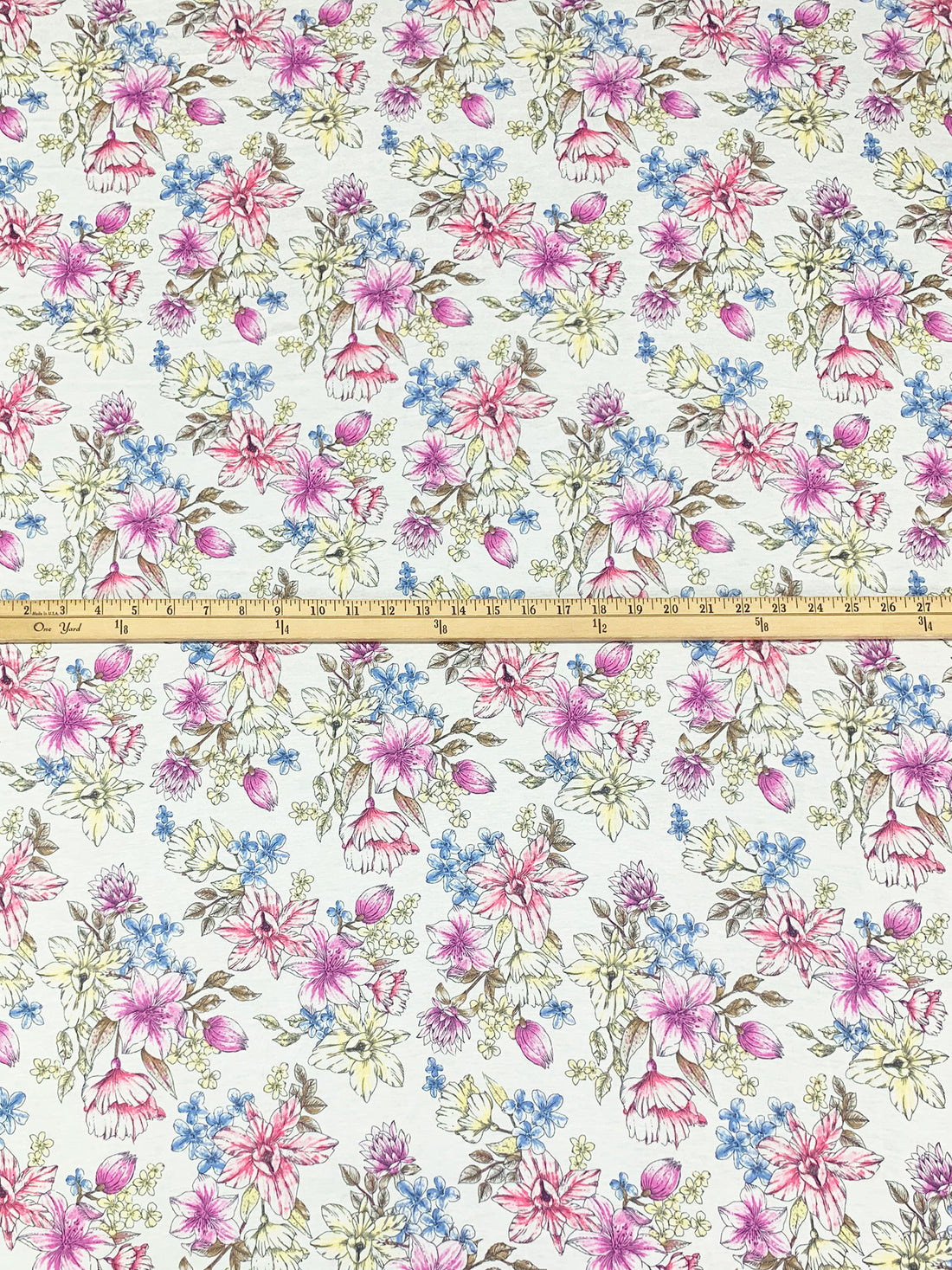 Eggshell/Wild Orchid/Vista Blue/Multi Rayon/Lycra Floral Print Jersey Knit 60W