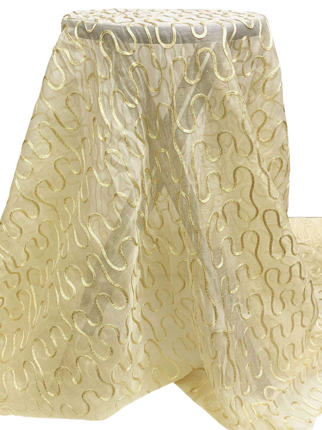 Soft Tan Silk/Nylon Embroidered Wavy Ribbon Design Net-Like Sheer Woven 46W