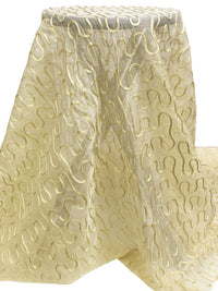 Soft Tan Silk/Nylon Embroidered Wavy Ribbon Design Net-Like Sheer Woven 46W