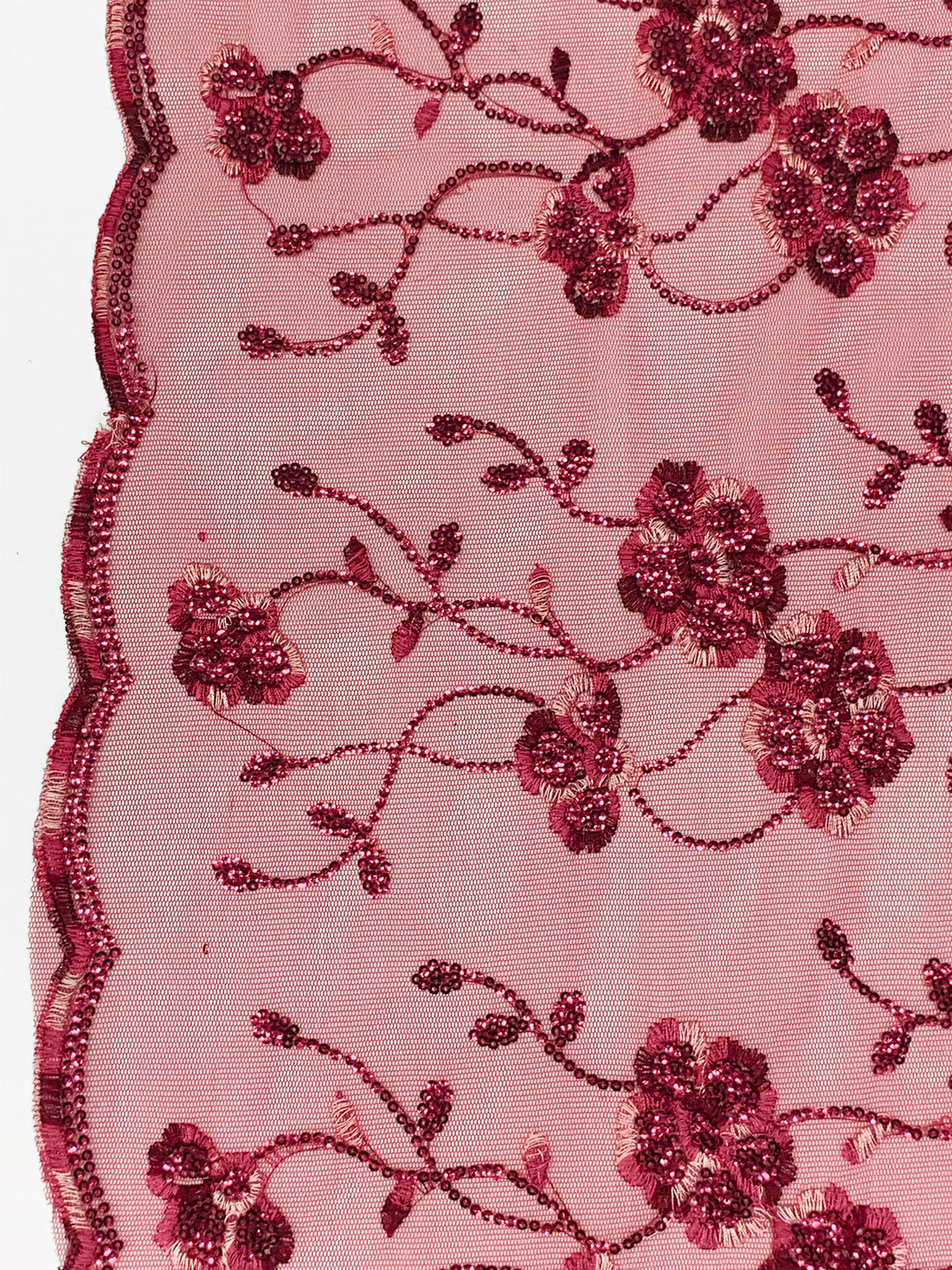 Vivid Burgundy/Pink Dusk 100% Nylon Double Scalloped Border Embellished Floral With Sequins Netting 50W
