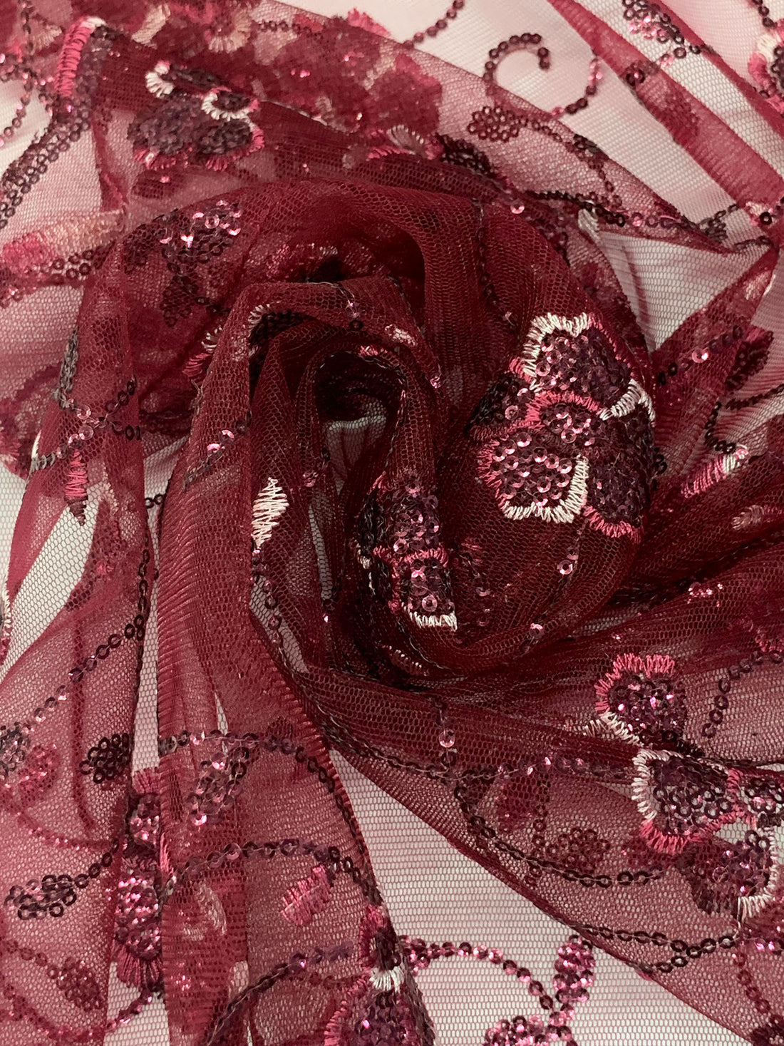 Vivid Burgundy/Pink Dusk 100% Nylon Double Scalloped Border Embellished Floral With Sequins Netting 50W