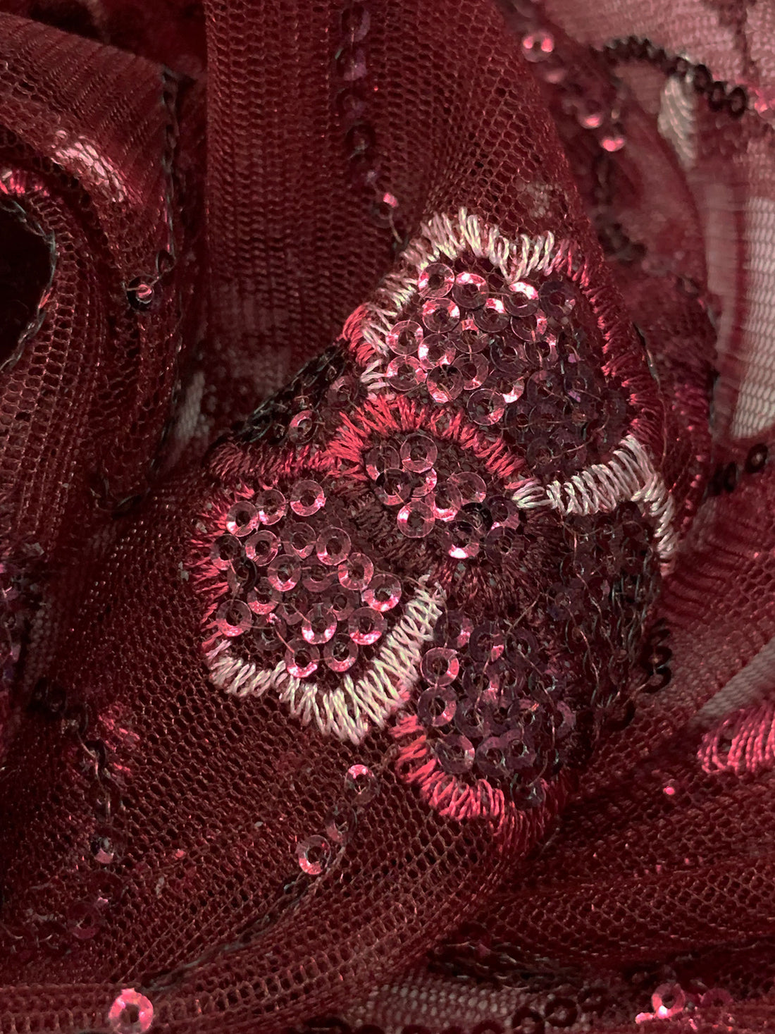Vivid Burgundy/Pink Dusk 100% Nylon Double Scalloped Border Embellished Floral With Sequins Netting 50W