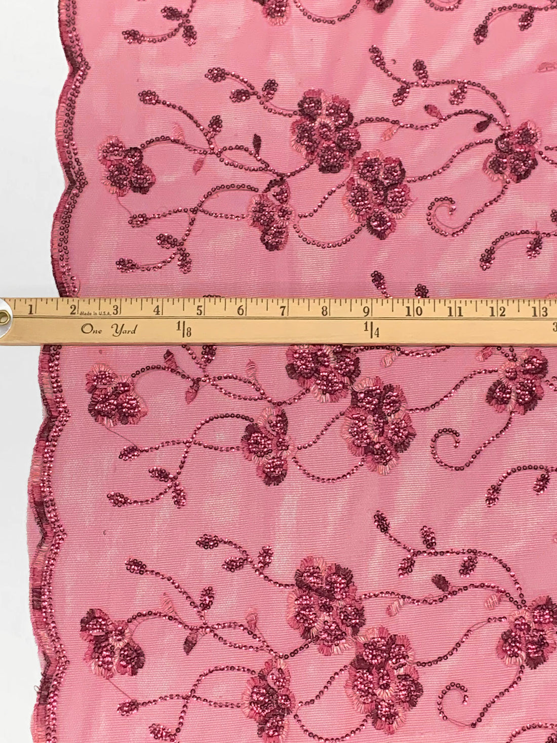 Vivid Burgundy/Pink Dusk 100% Nylon Double Scalloped Border Embellished Floral With Sequins Netting 50W