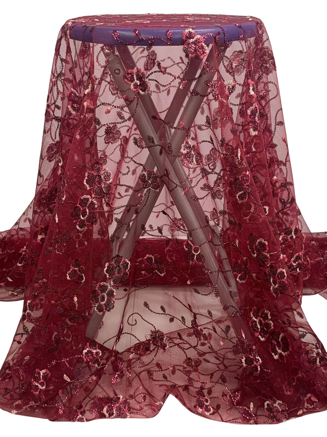 Vivid Burgundy/Pink Dusk 100% Nylon Double Scalloped Border Embellished Floral With Sequins Netting 50W