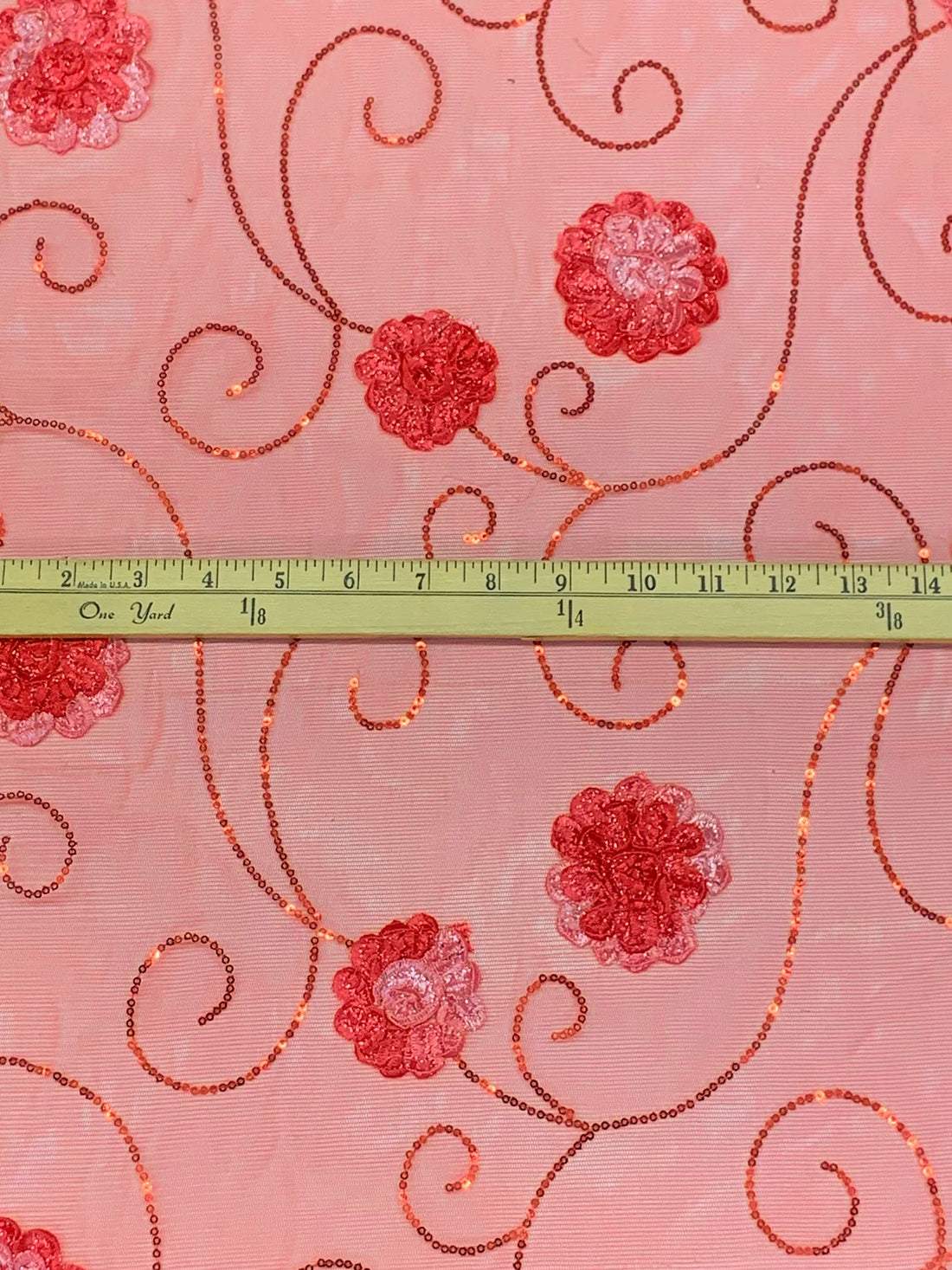 Venetian Red/Ruddy Pink/Silver 100% Nylon Embellished Rosettes With Sequins Netting 50W