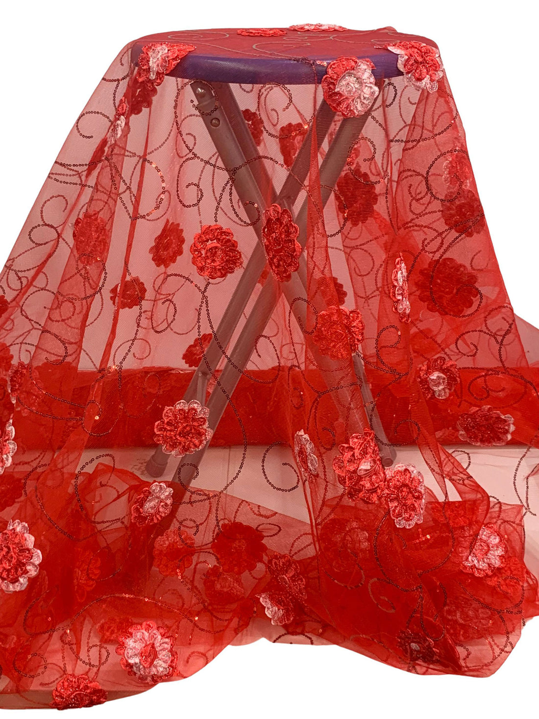 Venetian Red/Ruddy Pink/Silver 100% Nylon Embellished Rosettes With Sequins Netting 50W
