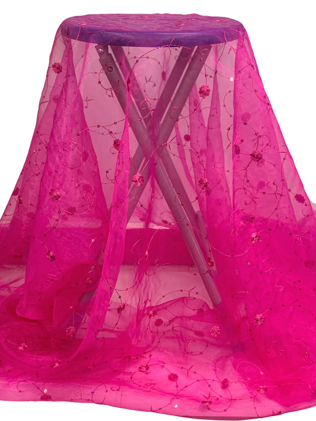 Magenta Pink/Multi 100% Nylon Embroidered Floral Scrolls With Sequins Organza 56W