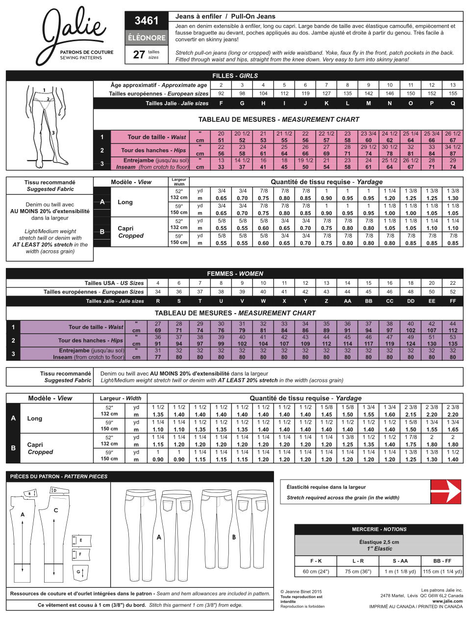 Jalie Patterns - Eleonore Pull-On Jeans #3461 - Women/Girls Sizes