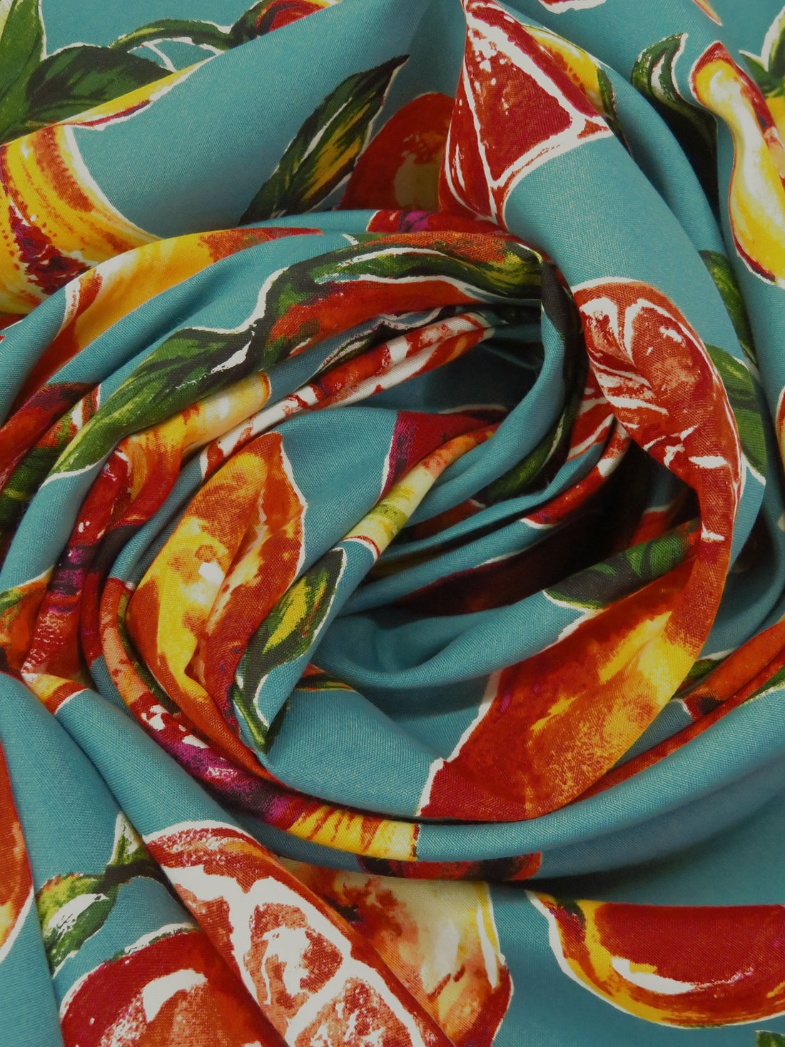Cadet Blue/Lemon/Burnt Orange/Multi 100% Cotton Fruits Print Lawn - Imported From Japan By NY Designer - 43W