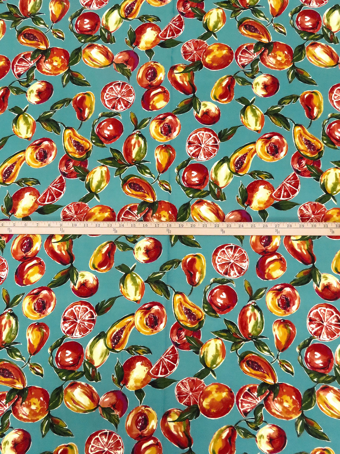 Cadet Blue/Lemon/Burnt Orange/Multi 100% Cotton Fruits Print Lawn - Imported From Japan By NY Designer - 43W