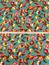 Cadet Blue/Lemon/Burnt Orange/Multi 100% Cotton Fruits Print Lawn - Imported From Japan By NY Designer - 43W